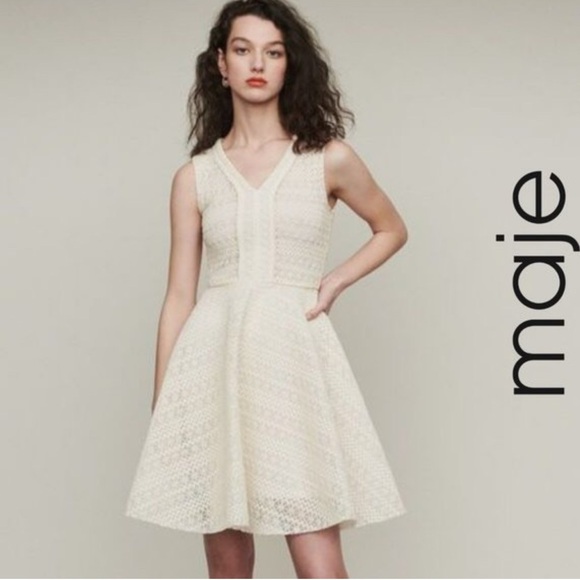 Maje Reinette Elegant Cream Lace Fit-And-Flare Dress - Size 4 - Picture 1 of 14